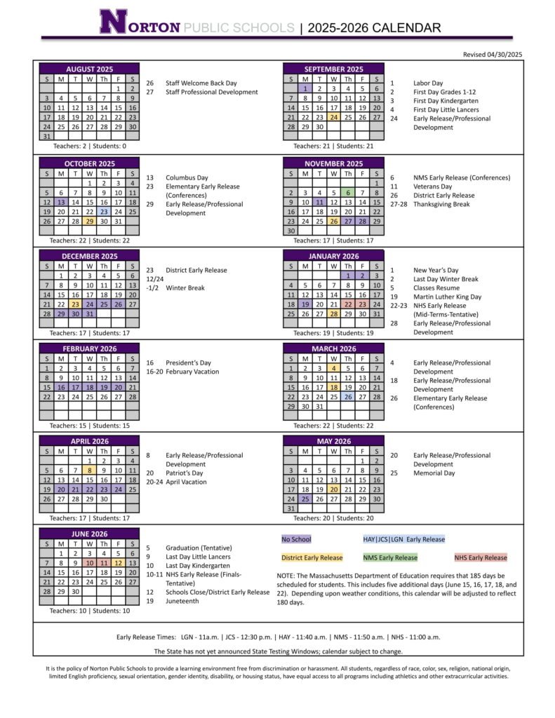 Norton Public schools calendar