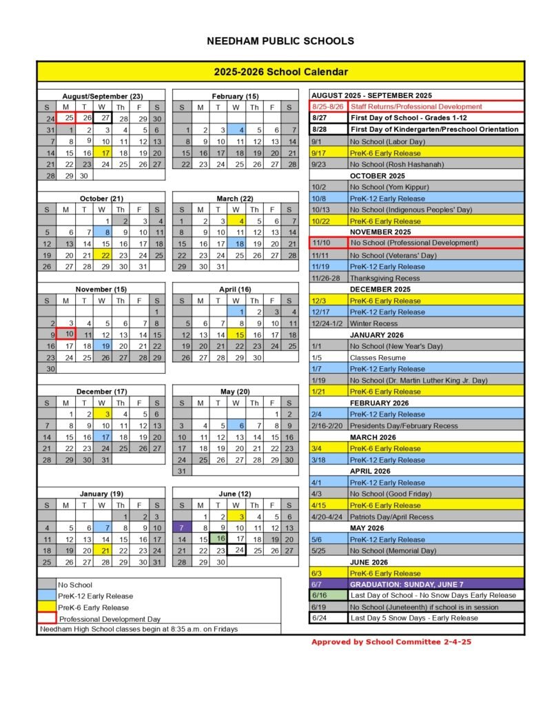 Needham Public Schools, calendar