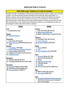 Needham Public Schools, calendar