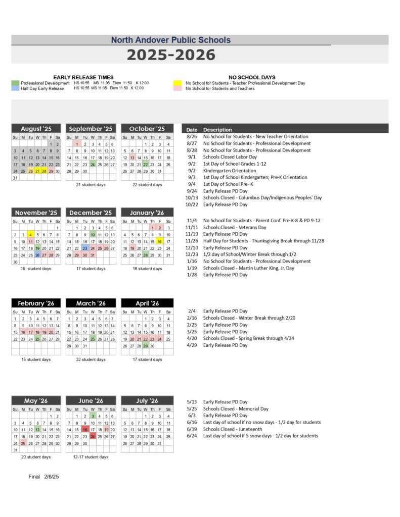 North Andover Public Schools CALENDAR