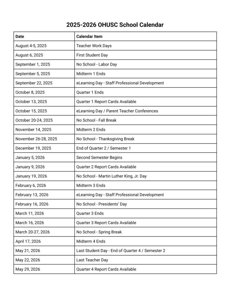 OHUSC School calendar