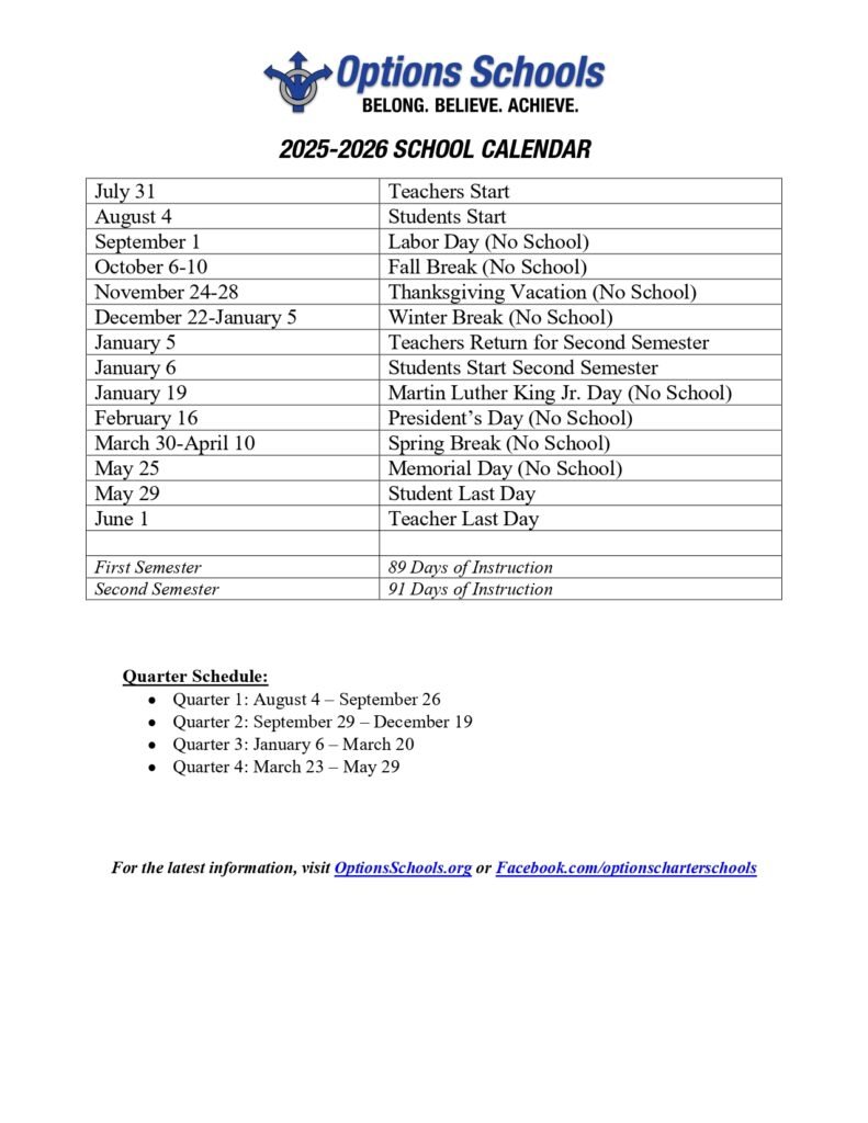 Options Schools calendar