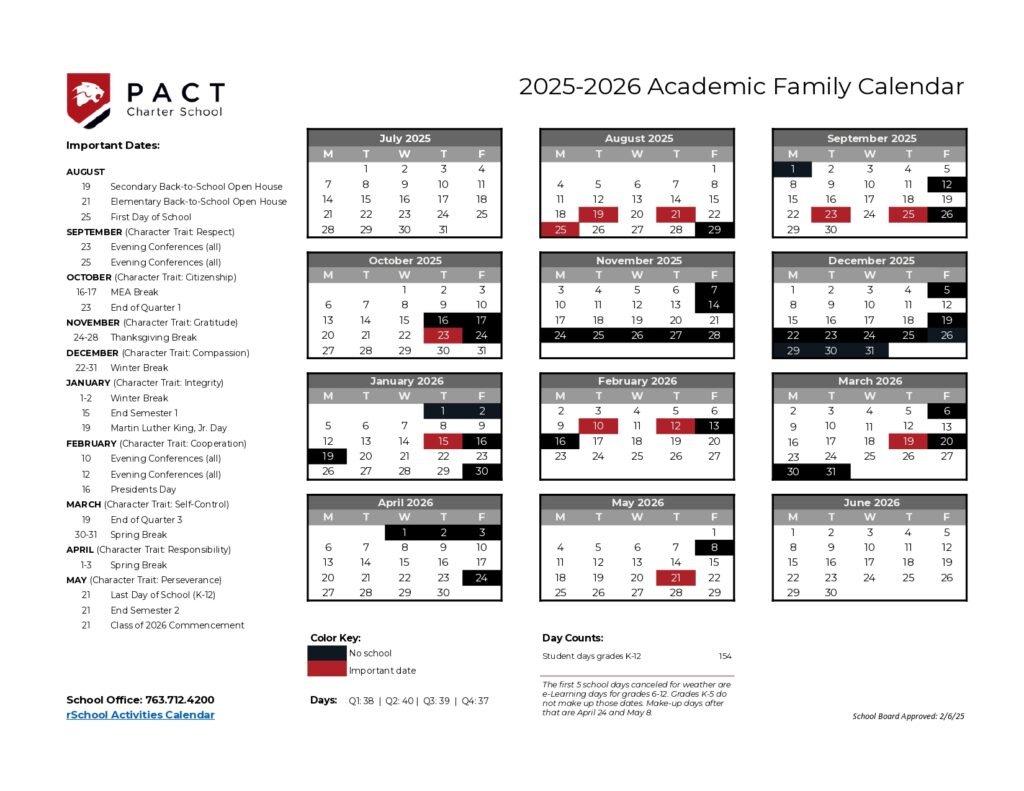 PACT charter school calendar