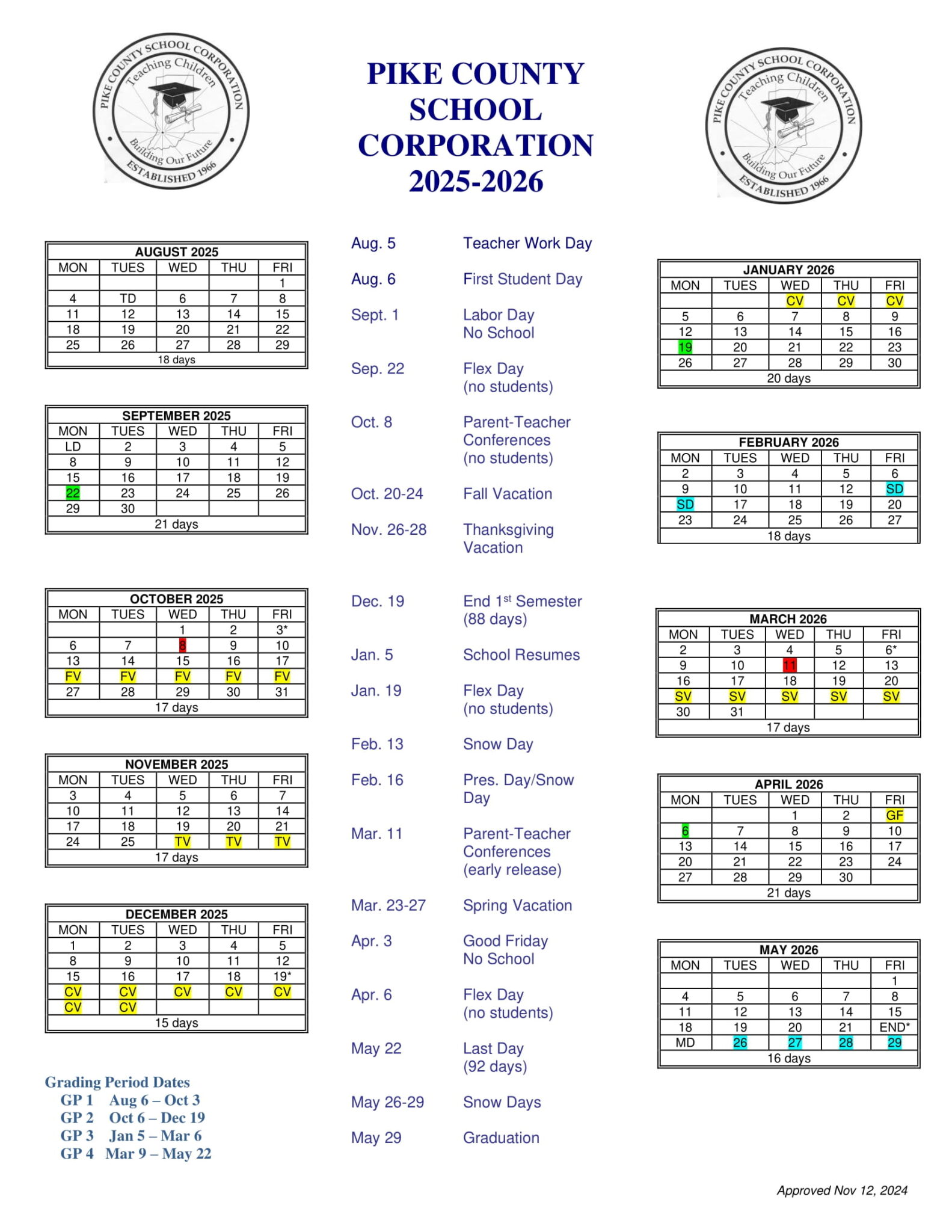 Pike County School Corporation Calendar 2526 Revised [pdf] EduCounty