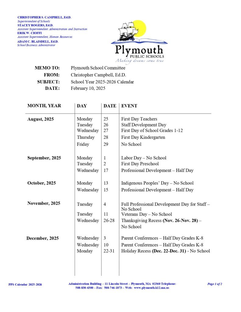 Plymouth County Schools calendar