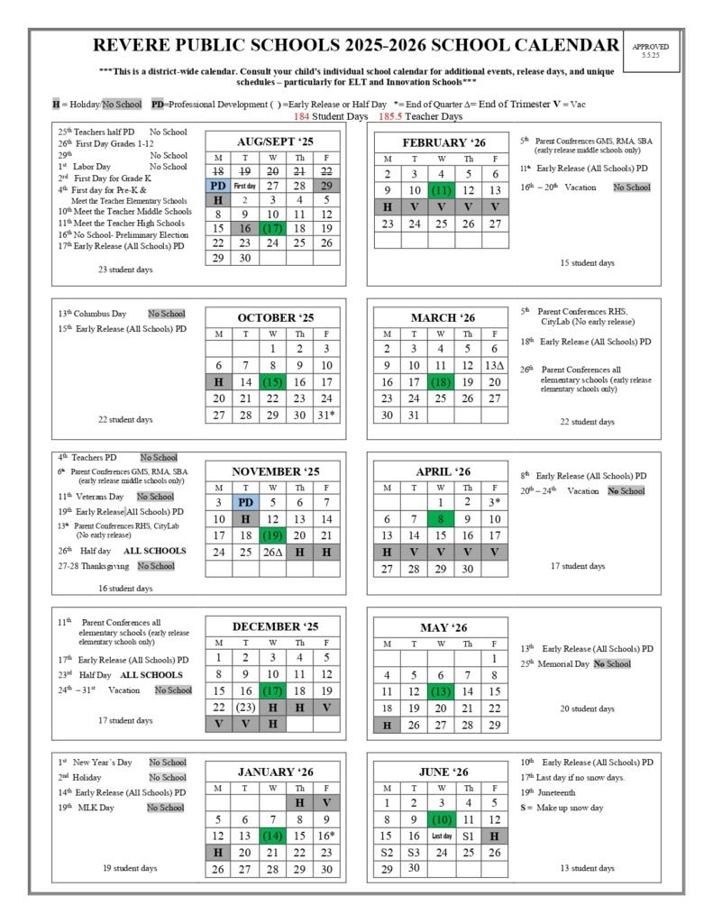 Revere Public Schools ma calendar