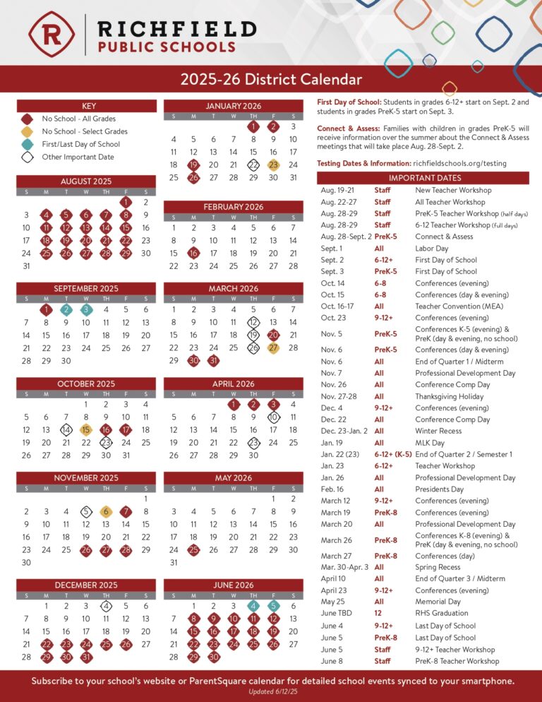 RICHFIELD PUBLIC SCHOOLS Calendar 25 26 Revised PDF EduCounty