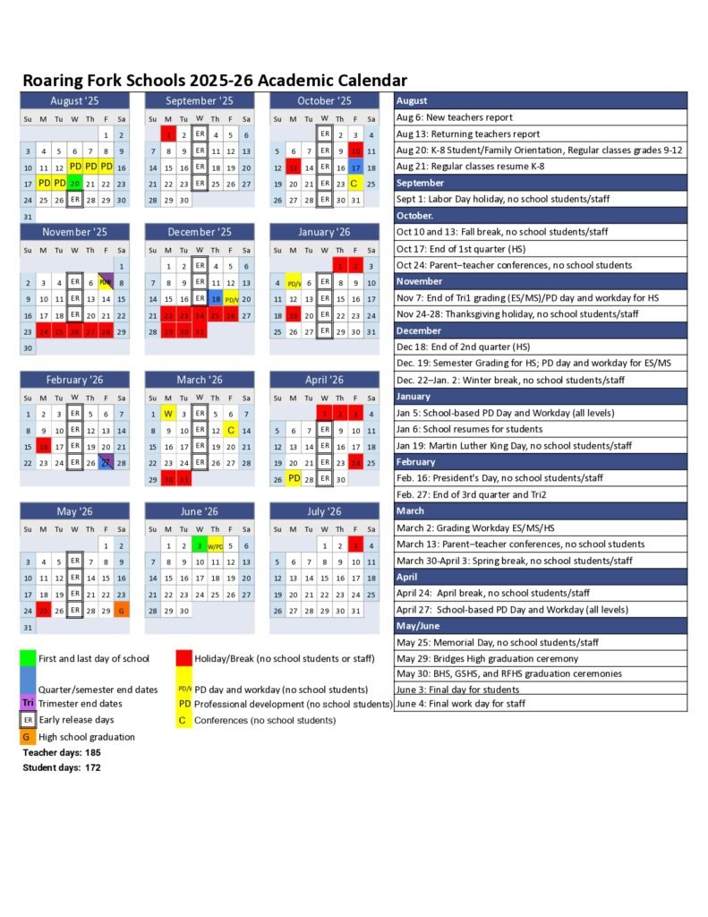 Roaring Fork Schools 25-26 calendar