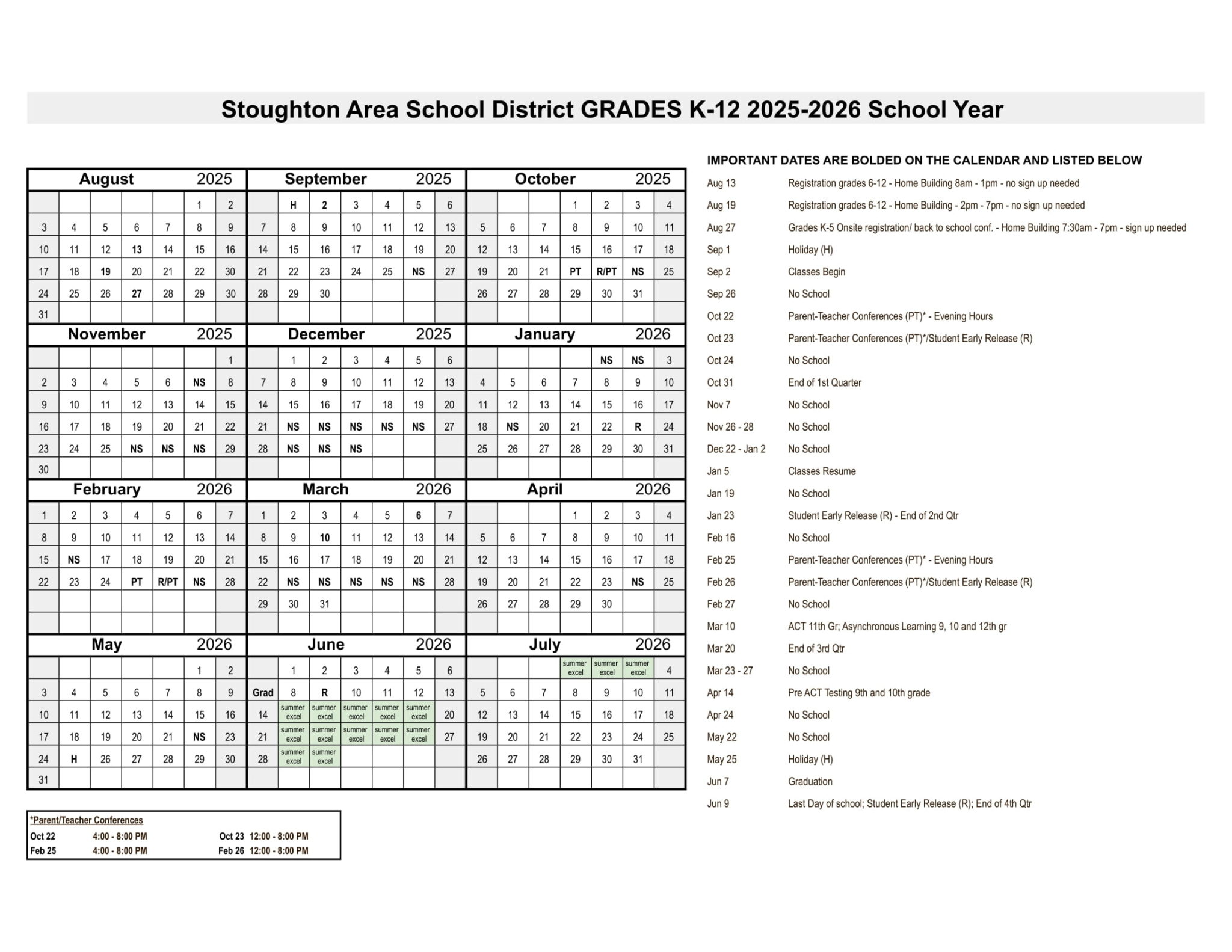 Stoughton Area School District SASD Calendar 2526 Revised [PDF