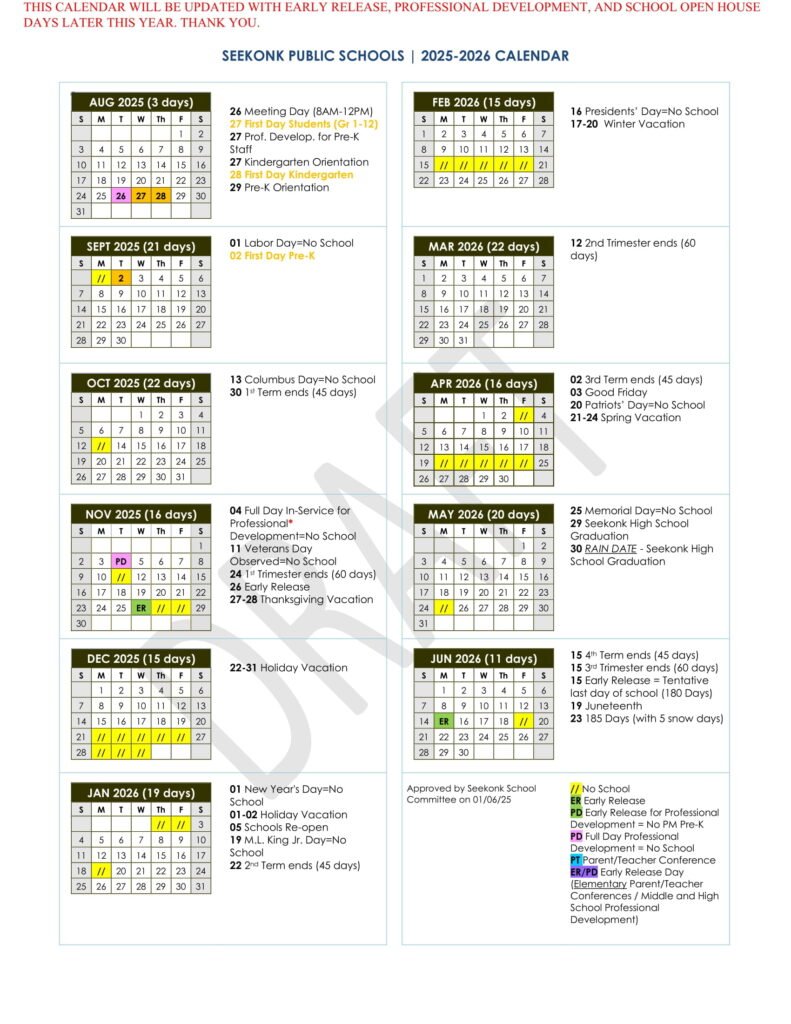 SEEKONK PUBLIC SCHOOLS Calendar