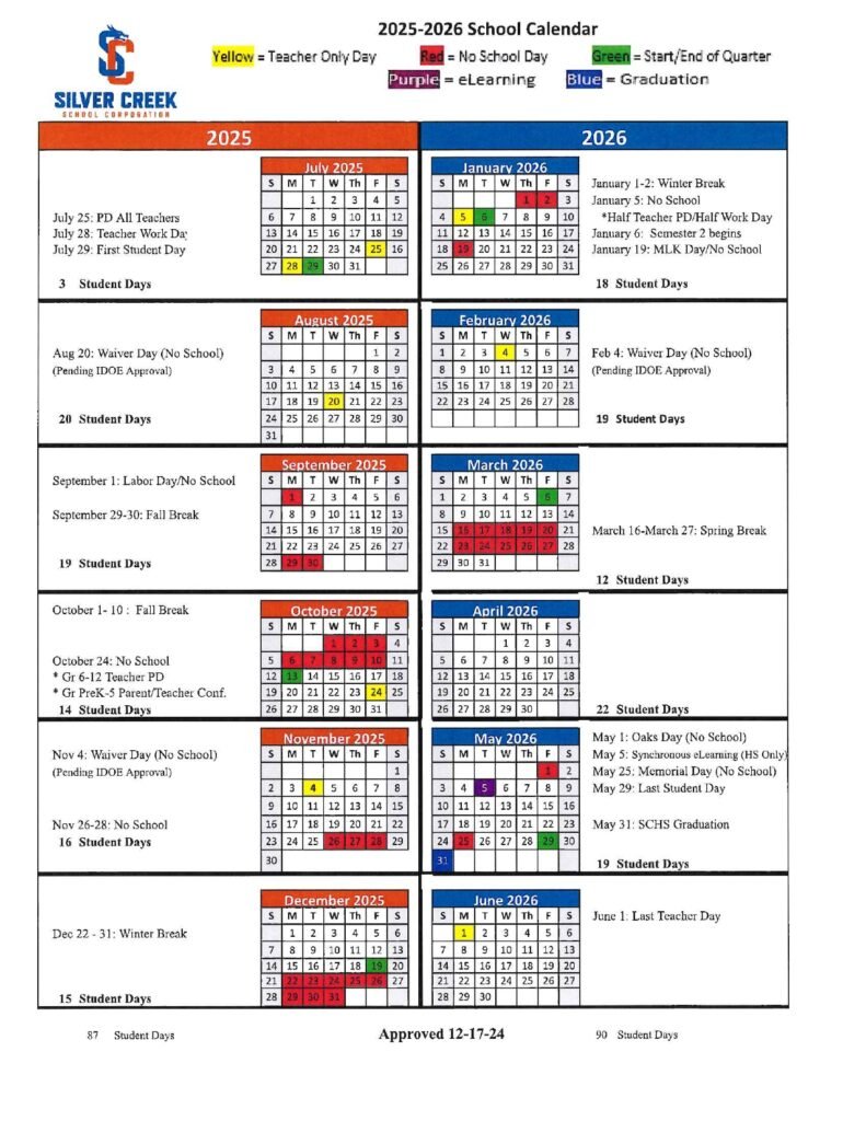 SILVER CREEK SCHOOL CORPORATION calendar