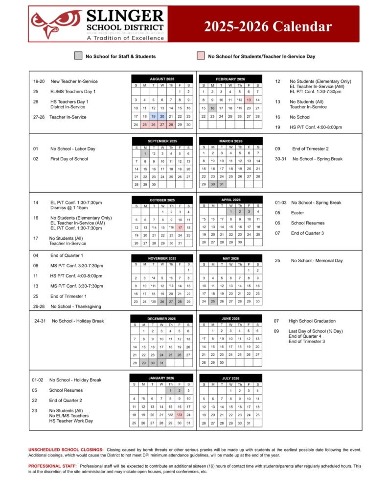 SLINGER SCHOOL DISTRICT calendar