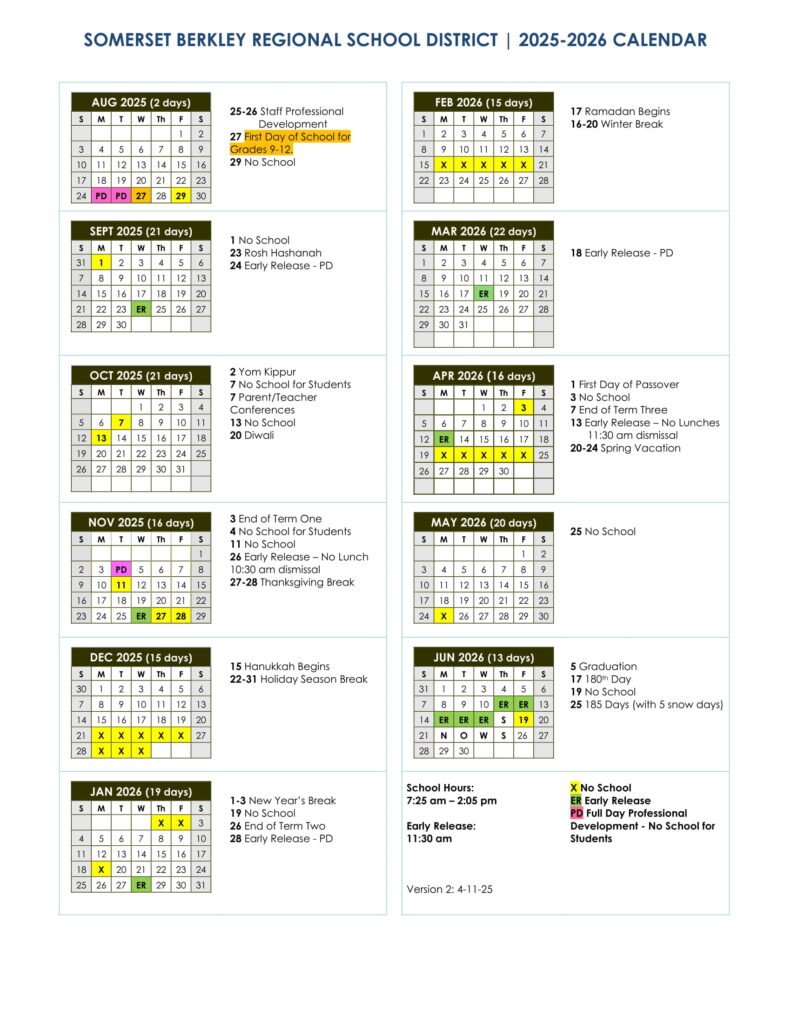 Somerset Berkley Regional School District calendar