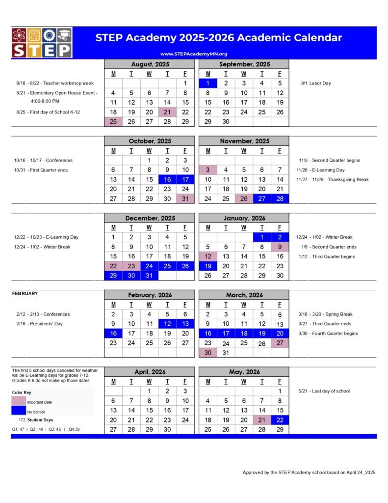 STEP Academy Calendar