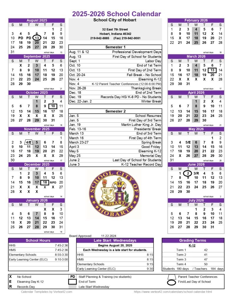 School City of Hobart Calendar