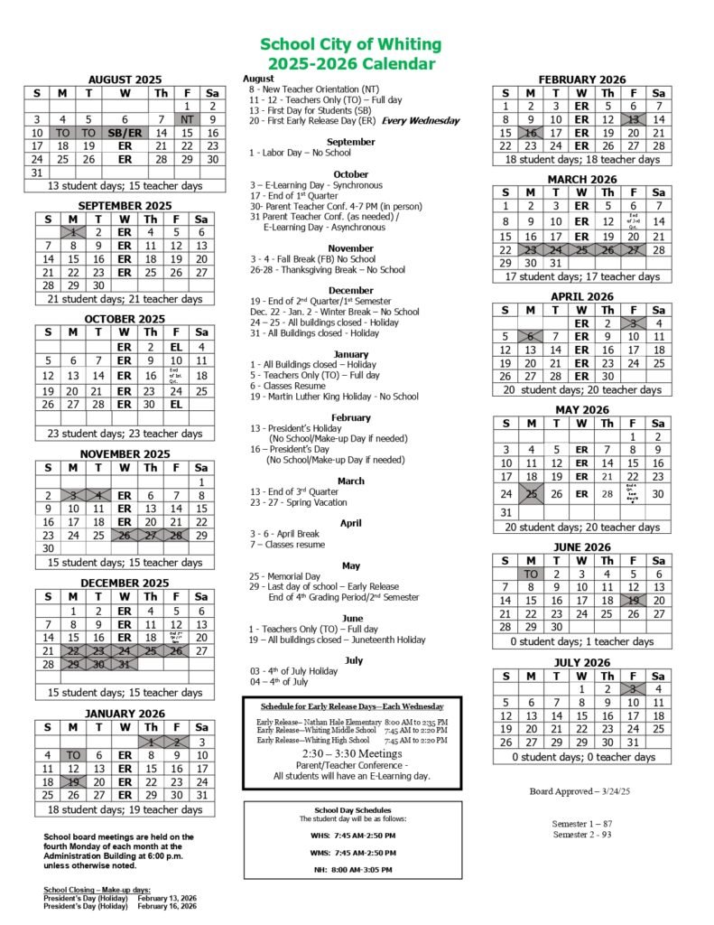 School City of Whiting calendar