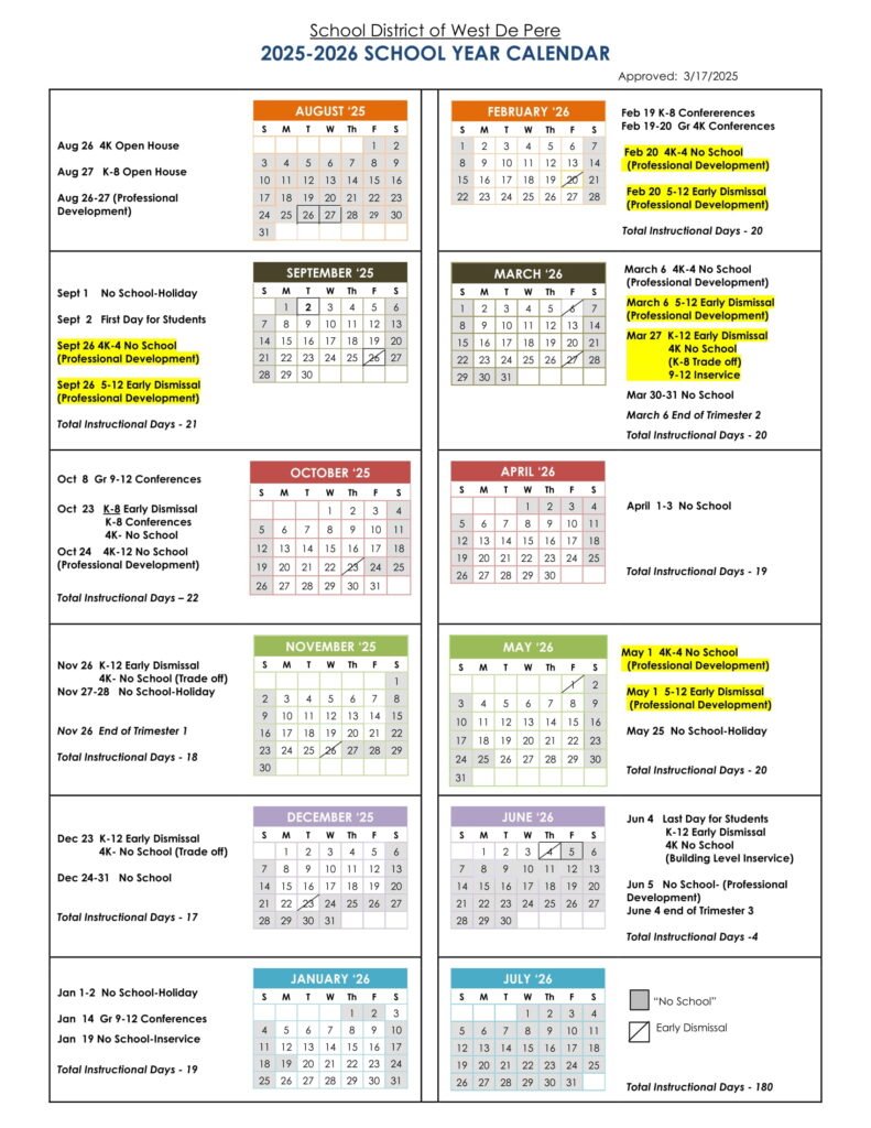 School District of West De Pere calendar