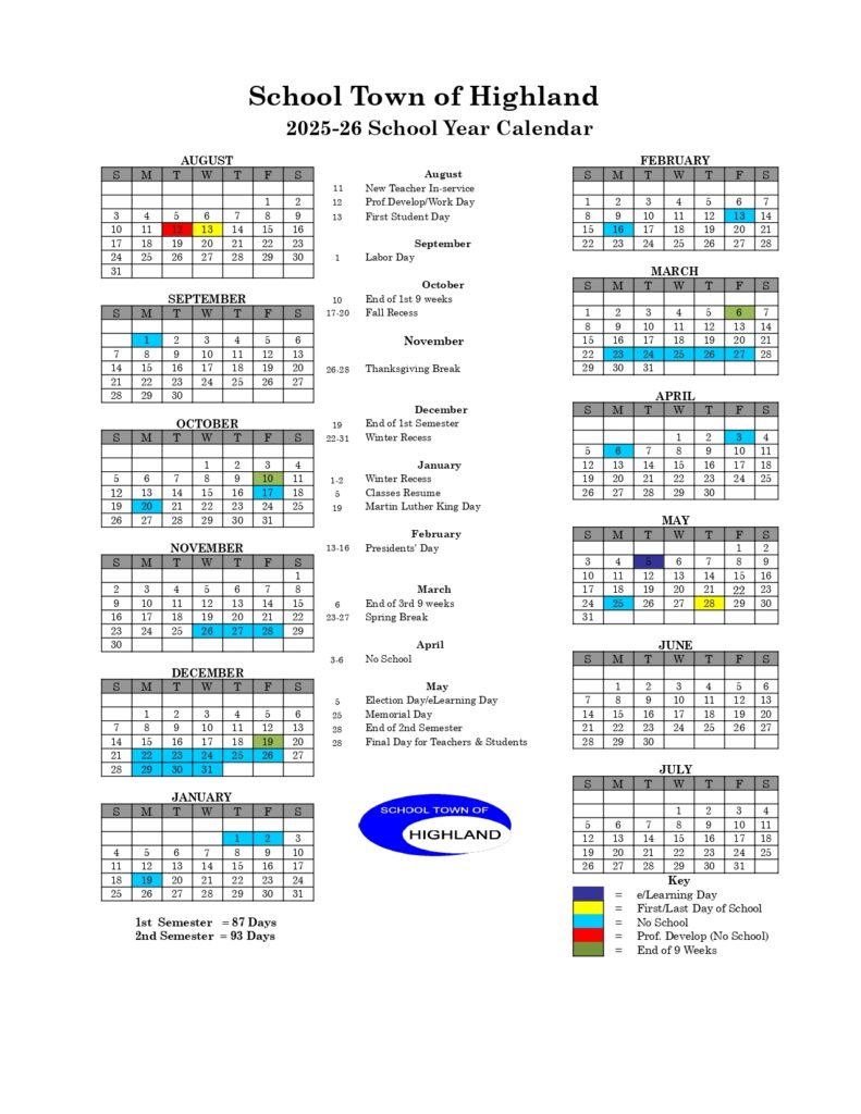 School Town of Highland calendar