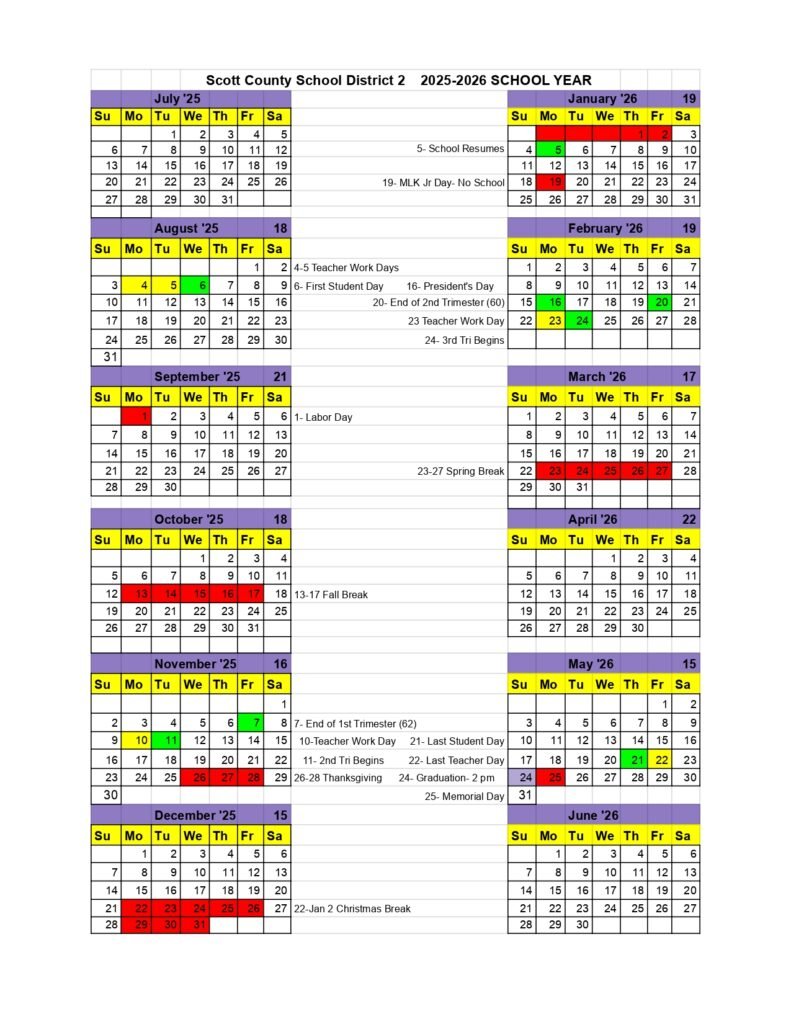 Scott County School District 2 2025-2026 calendar