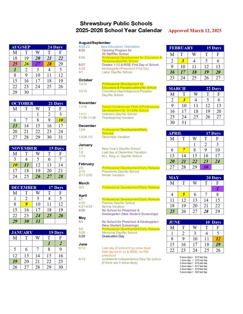 shrewsbury public schools calendar