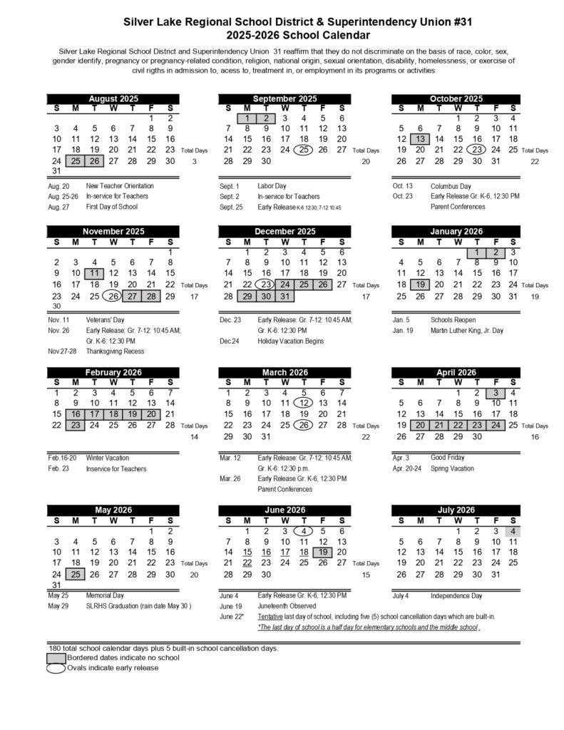 Silver Lake Regional School District Calendar Silver Lake Regional School District Calendar