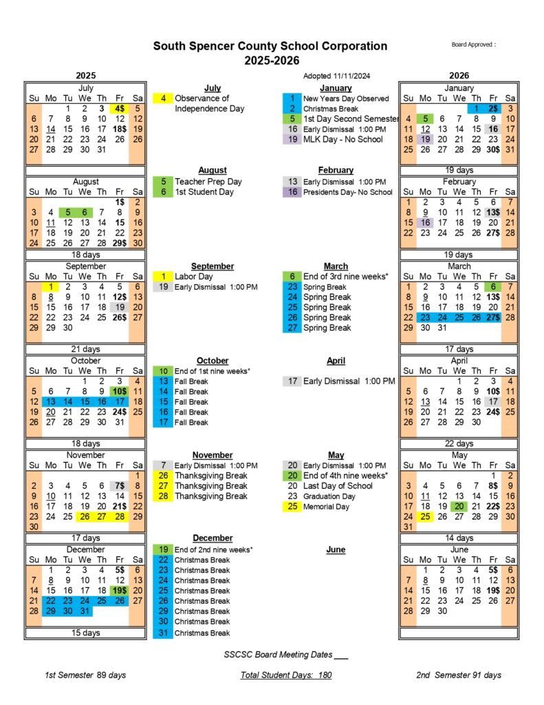 South Spencer County School Corporation calendar