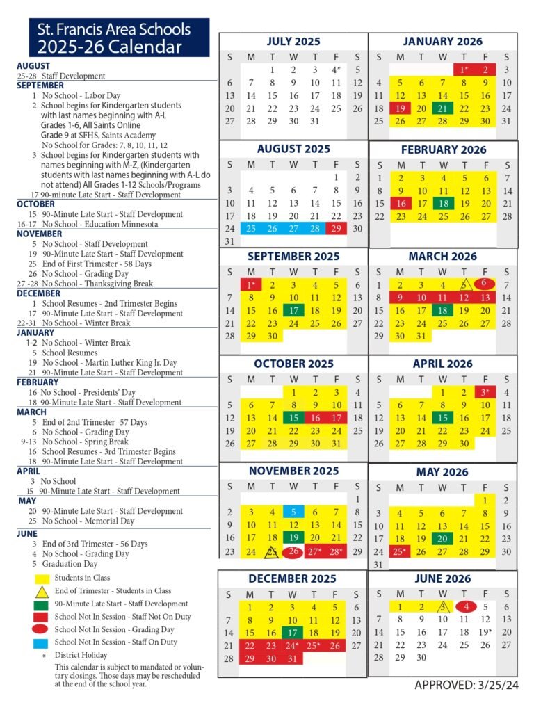 St. Francis Area Schools calendar