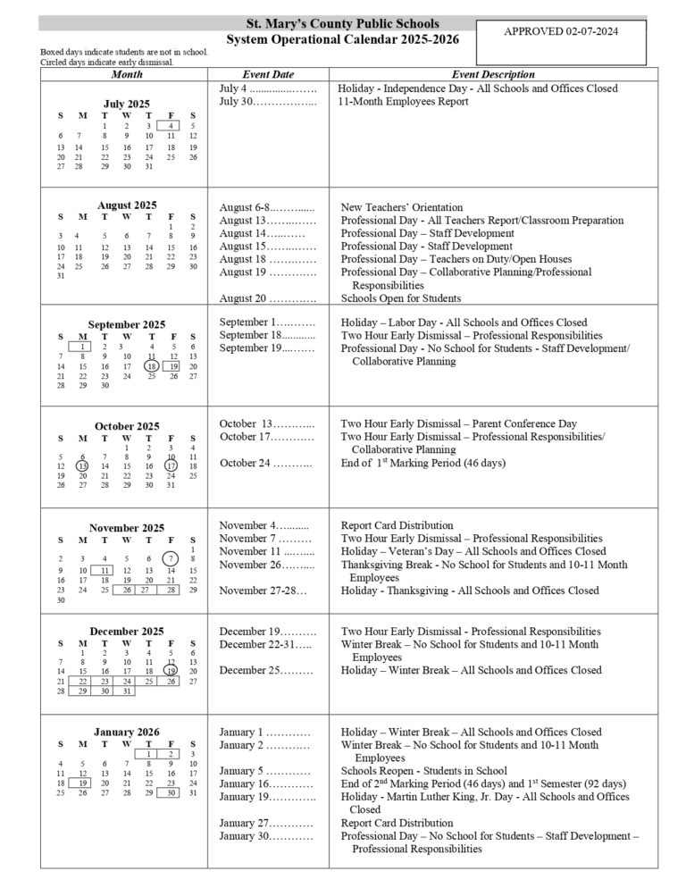 St. Mary's County Public Schools SMCPS Calendar 2526 Revised [PDF