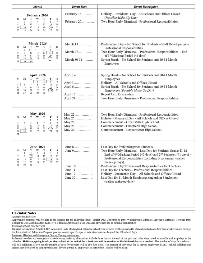 St. Mary's County Public Schools SMCPS Calendar 2526 Revised [PDF