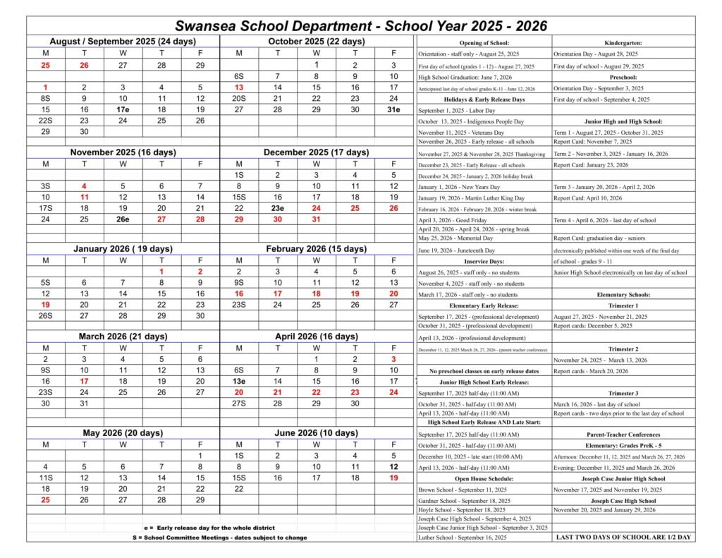 Swansea School Department calendar