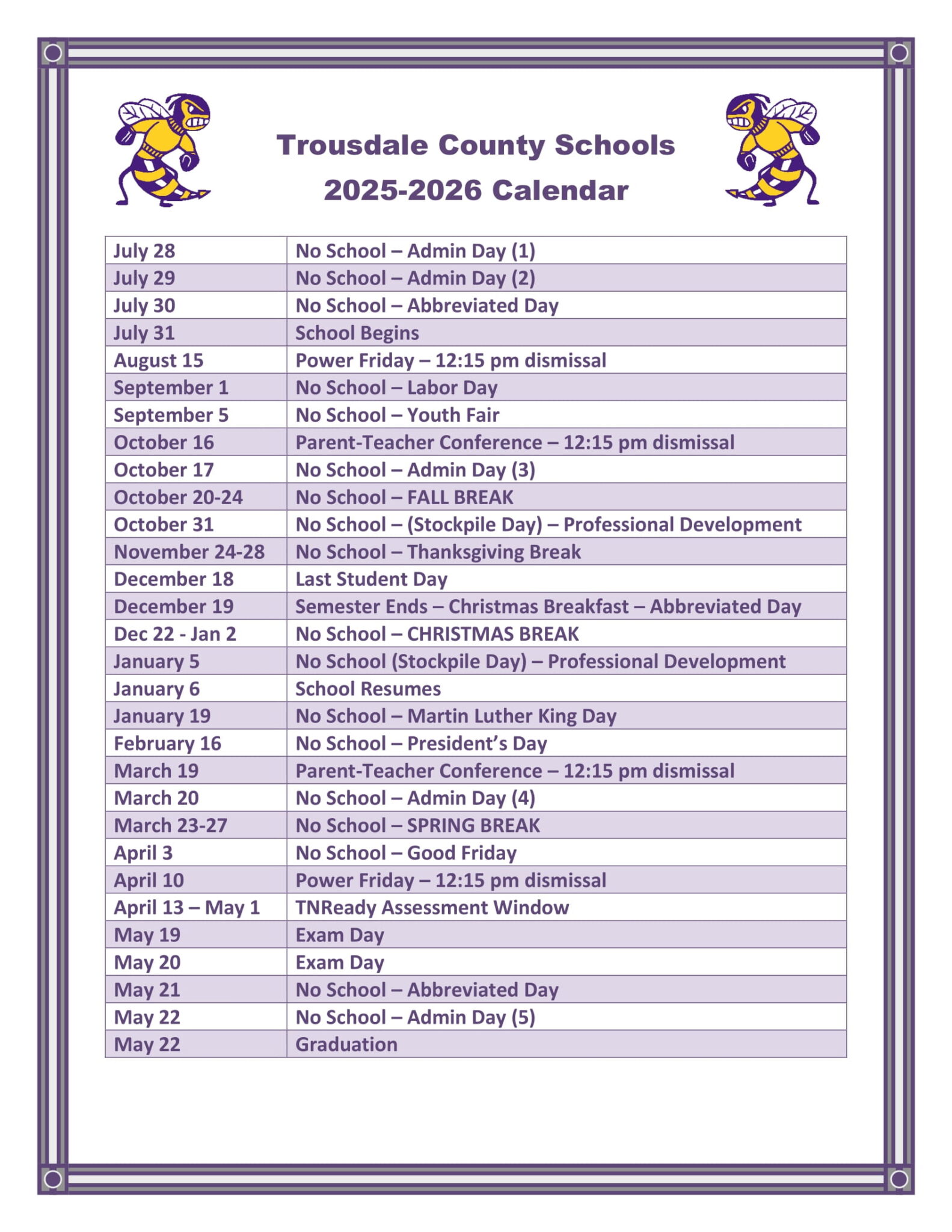 Trousdale County Schools TN Calendar 25 26 Revised PDF EduCounty
