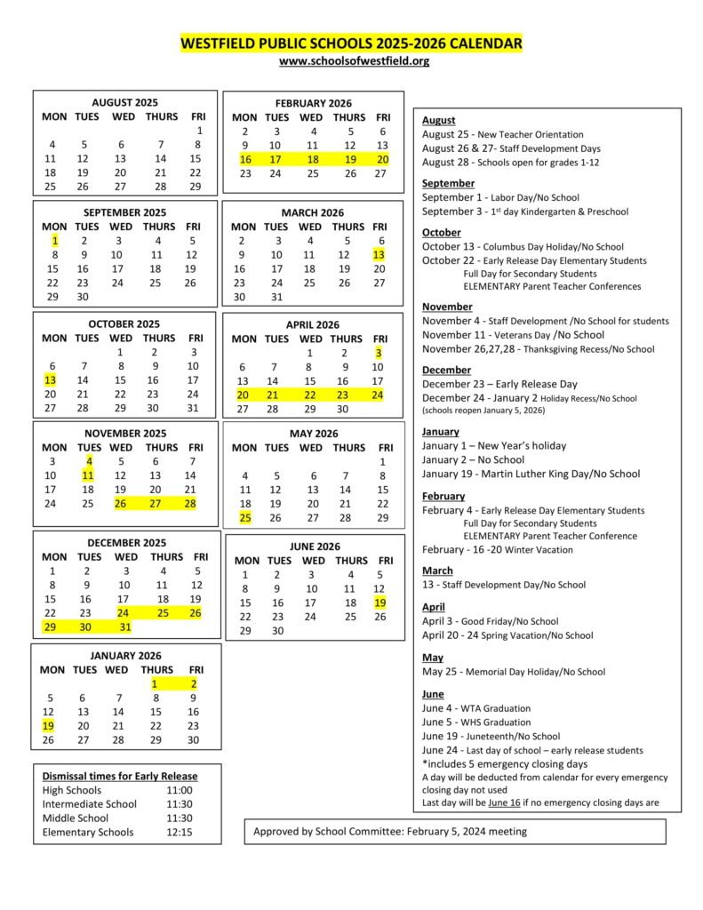 Westfield Public Schools calendar