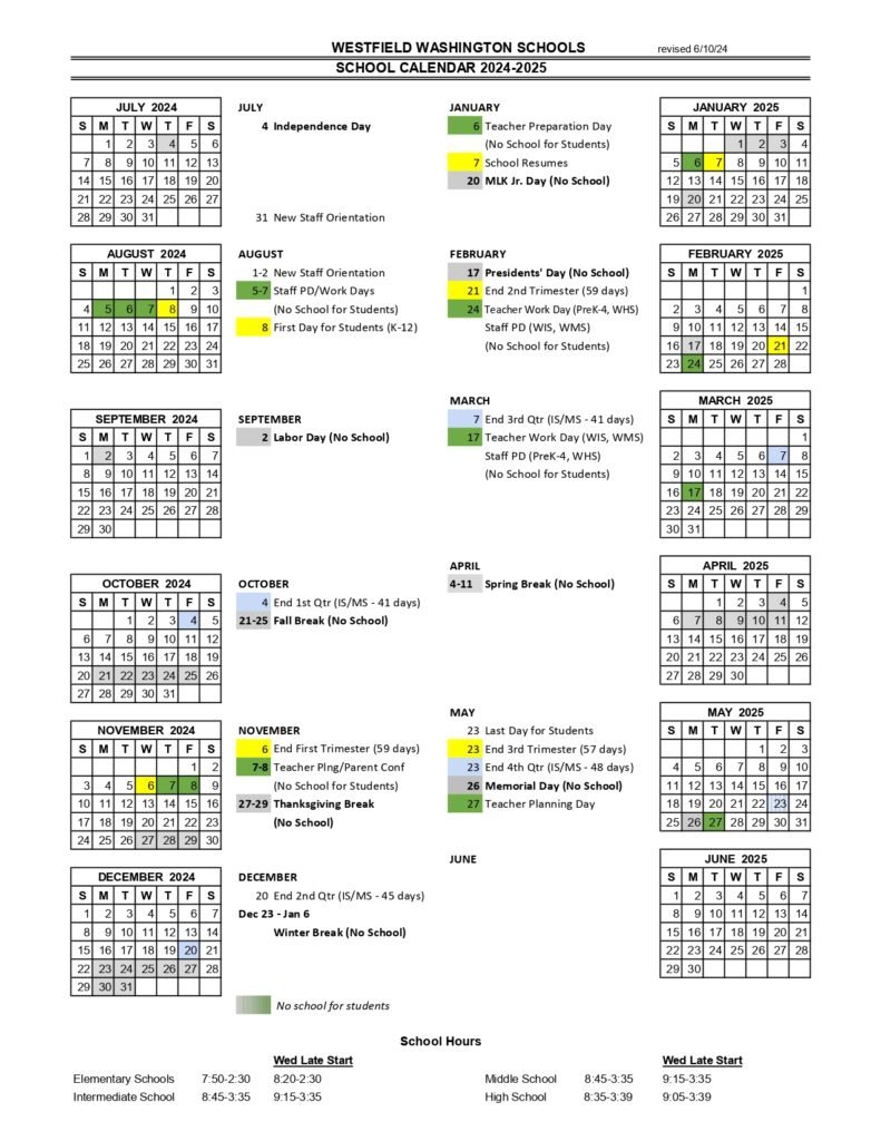 westfield washington schools calendar