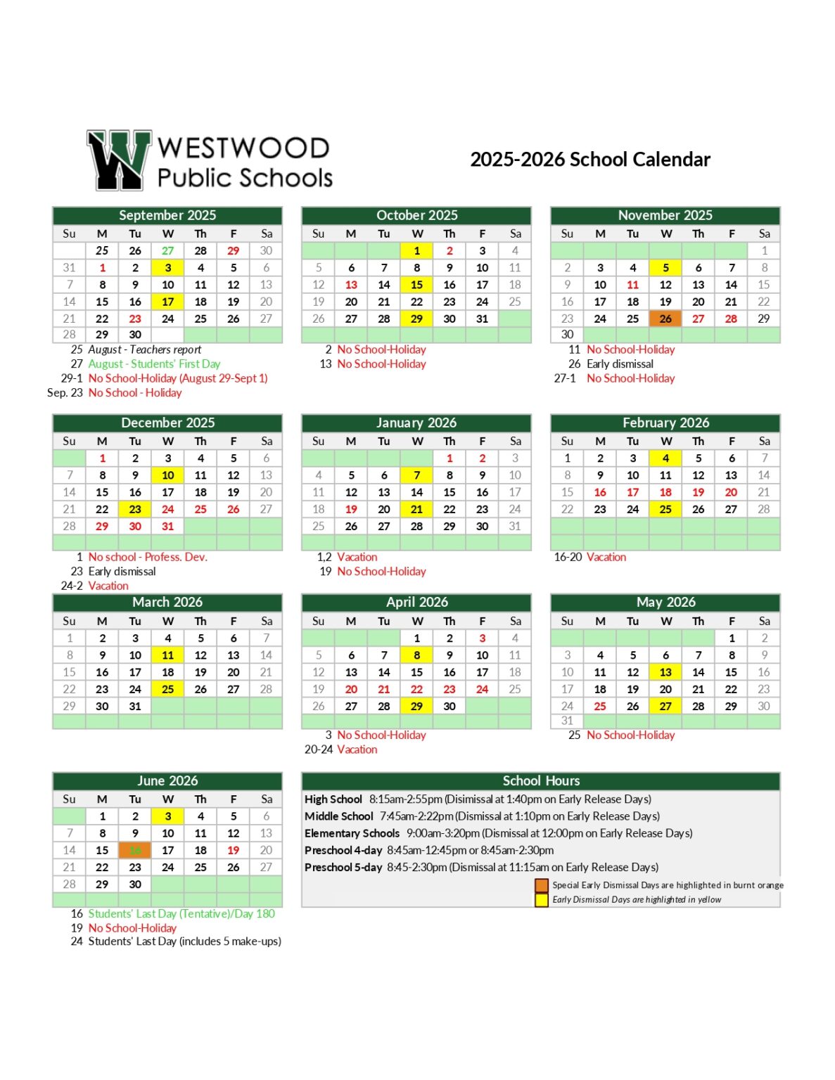 WESTWOOD Public Schools Calendar 25 26 Revised PDF EduCounty WESTWOOD Public Schools Calendar 25 26 Revised PDF EduCounty