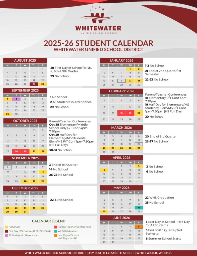Whitewater Unified School District calendar