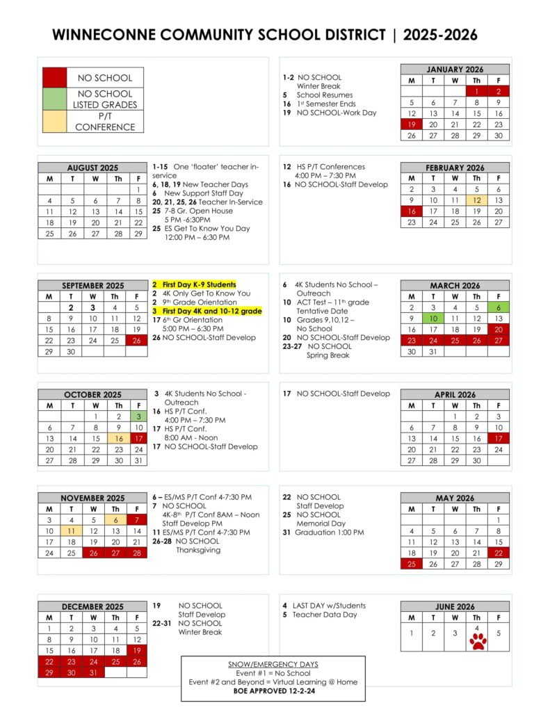 Winneconnie Community School Calendar