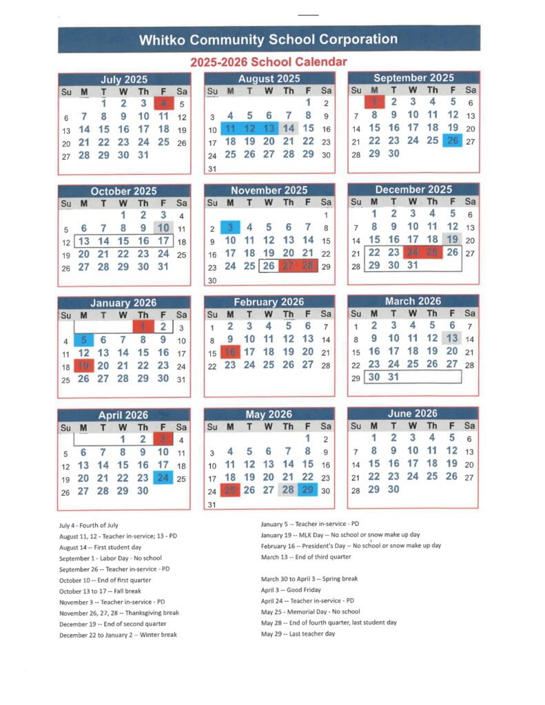 Whitko Community School Corporation Calendar