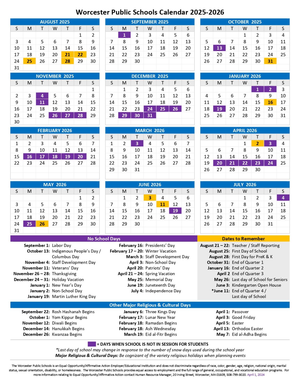 Worcester Public Schools MA Calendar 25 26 Revised PDF EduCounty