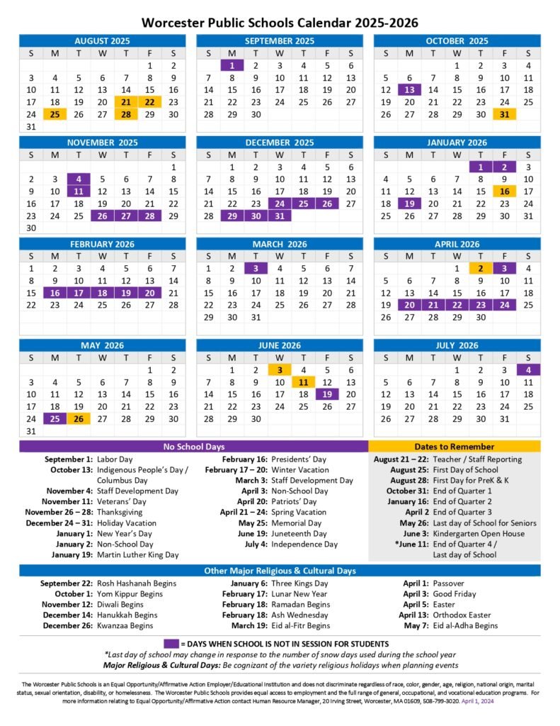 Worcester Public Schools CALENDAR