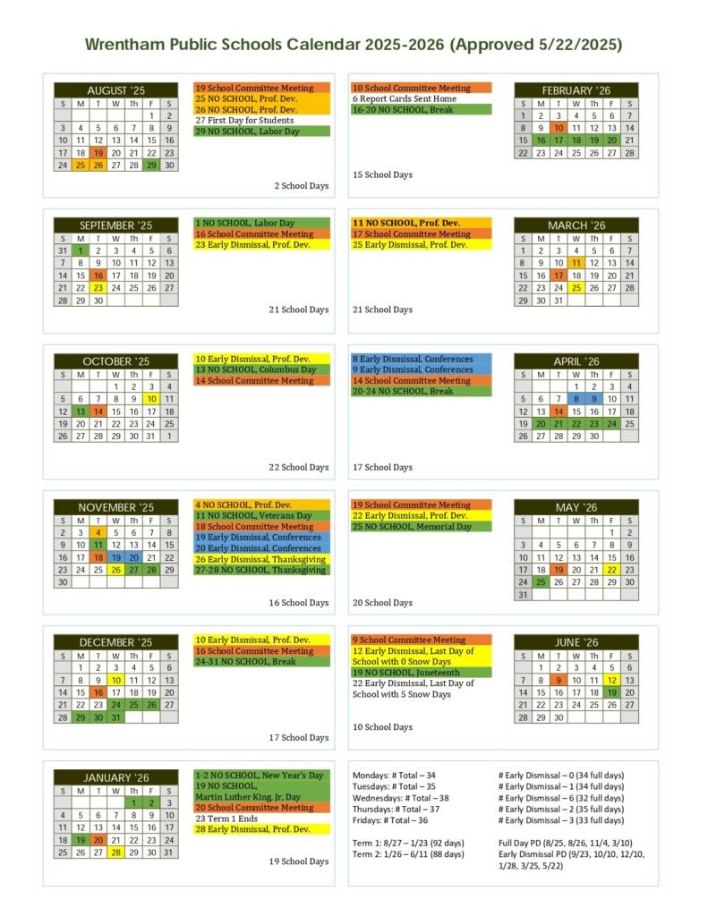 Wrentham Public Schools Calendar