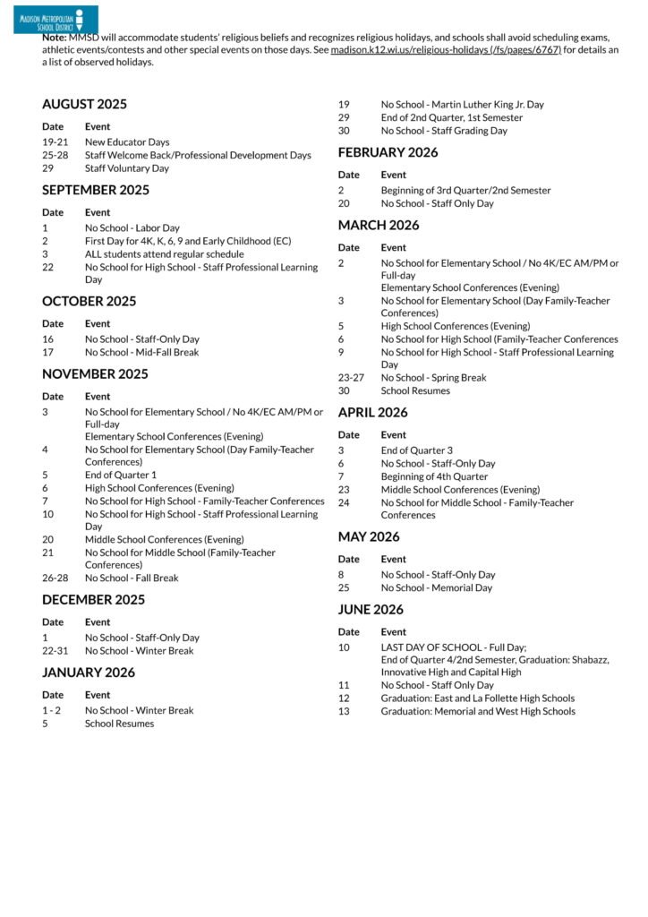 MADISON METRO SCHOOL CALENDAR