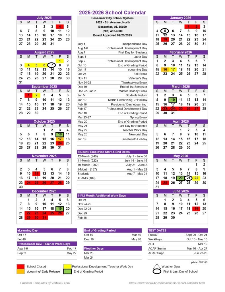 BESSEMER CITY SCHOOLS CALENDAR