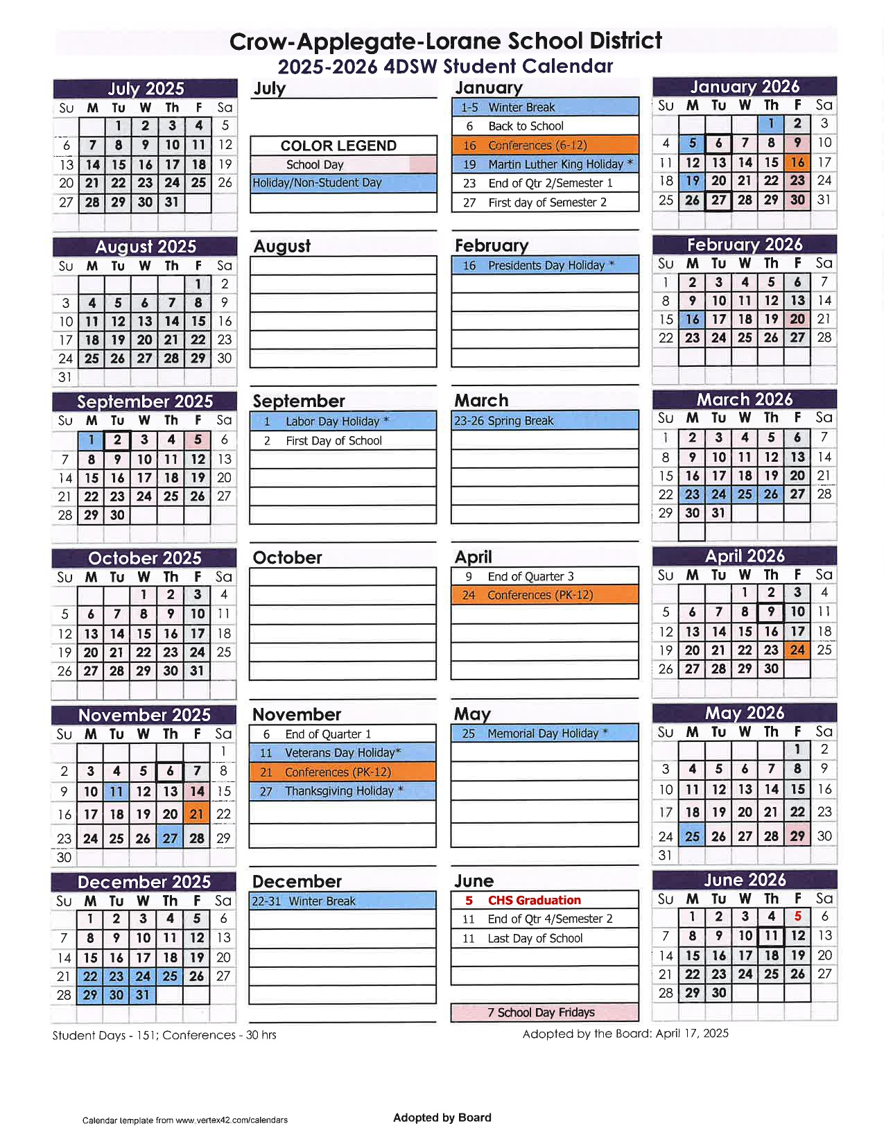 CrowApplegateLorane School District Calendar 2526 Revised pdf