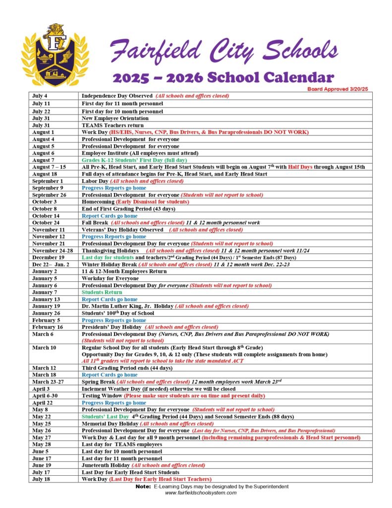 Fairfield City Schools CALENDAR