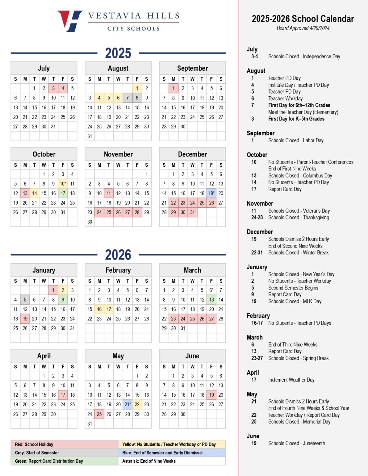 VESTAVIA HILLS CITY SCHOOLS Calendar 25 26 Revised PDF EduCounty